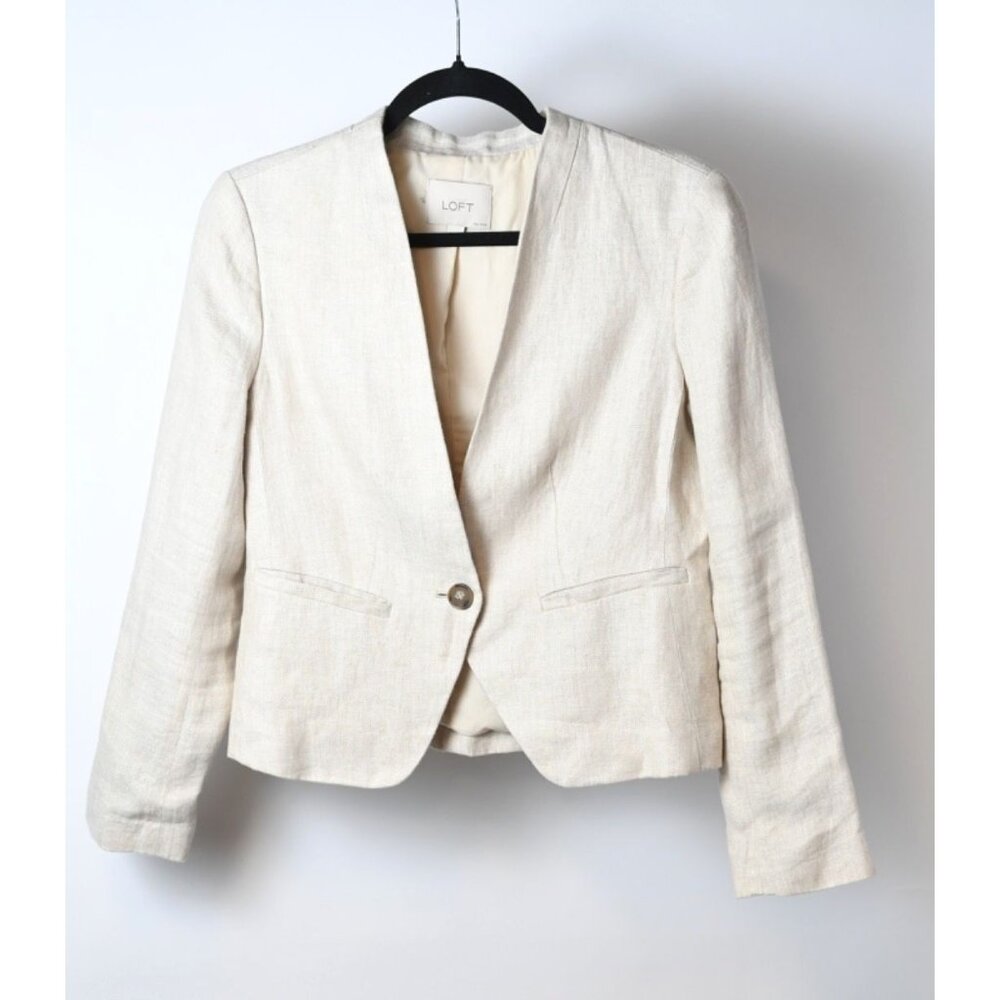 Ann Taylor LOFT Tan Beige 100% Linen Blazer Jacket Short Size 6 Petite READ